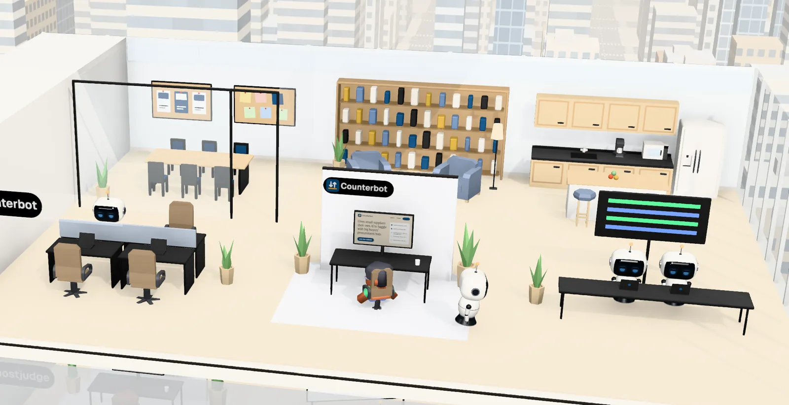 Counterbot’s office on floor 23 of Tower 1: the owner’s desk with the website on screen, the agents’ bench, a meeting room and a library